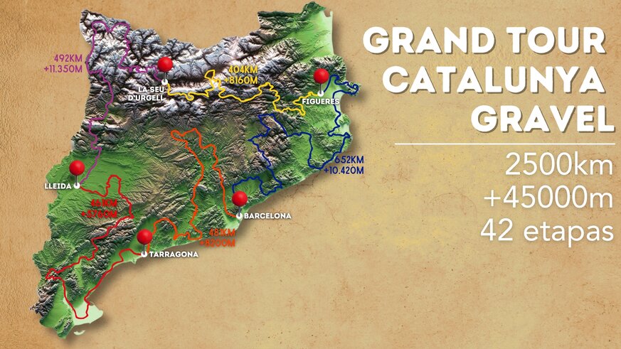 La Grand Tour Catalunya Gravel es una ruta de bikepacking que recorre todo el per�metro de Catalunya, combinando diferentes tipos de terrenos y paisajes. 